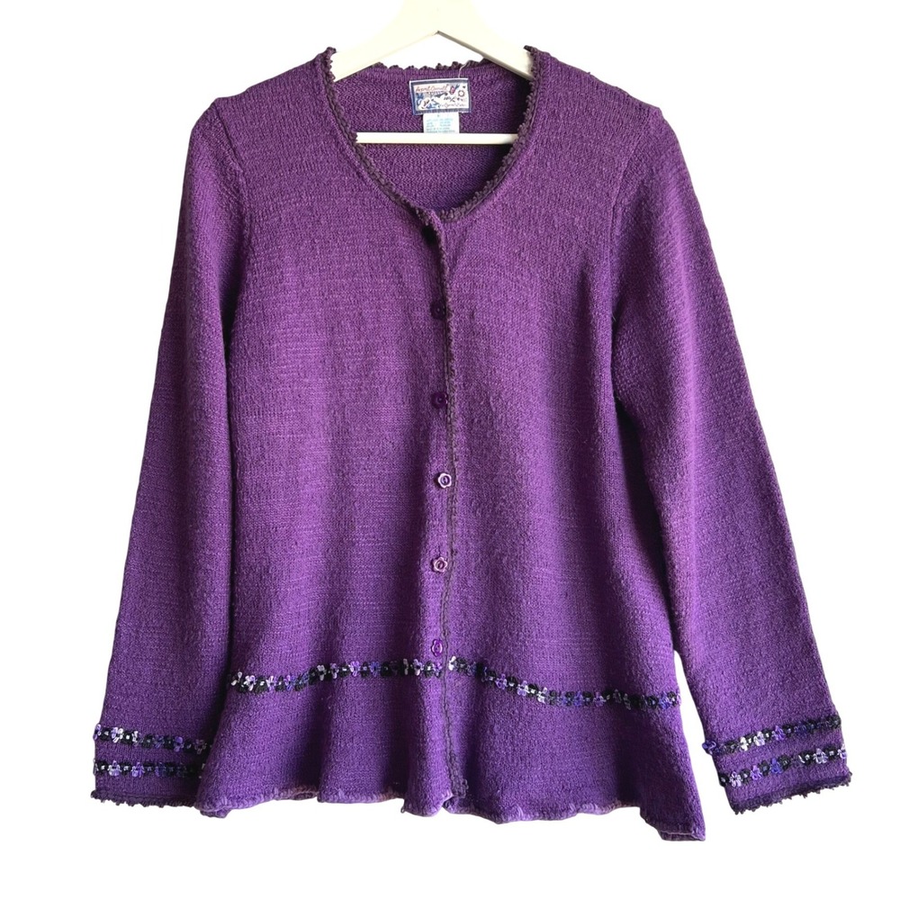 April Cornell Purple Wool Blend Sequin Floral Cardigan Sweater Womens Medium